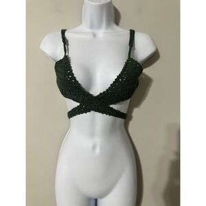 Handmade She Made Me Cotton Crochet Halter Wrap Top‎ Green Boho Bikini Sz M/L